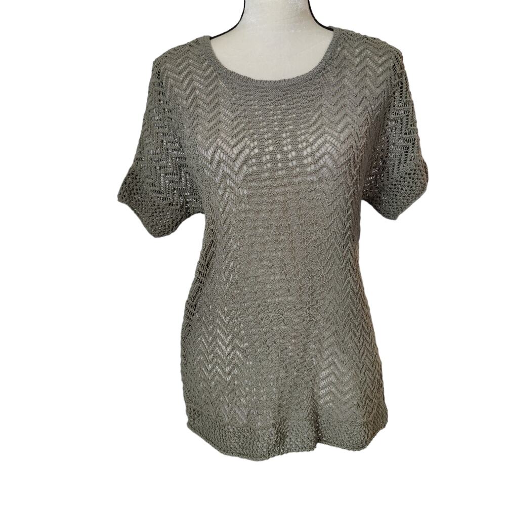 Chico's Womens Sz 2 (L) Olive Green Metallic Crochet Mesh Short Sleeve Shirt